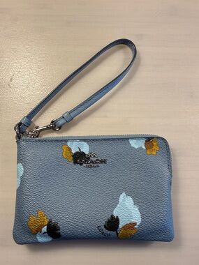 Coach Blue Floral Leather Wristlet with Multicolor Accents